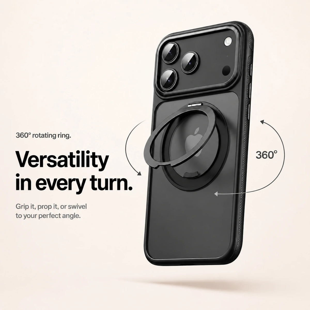 Black magnetic phone case with an adjustable metal ring and a 360 degree rotation graphic #color_Midnight Black