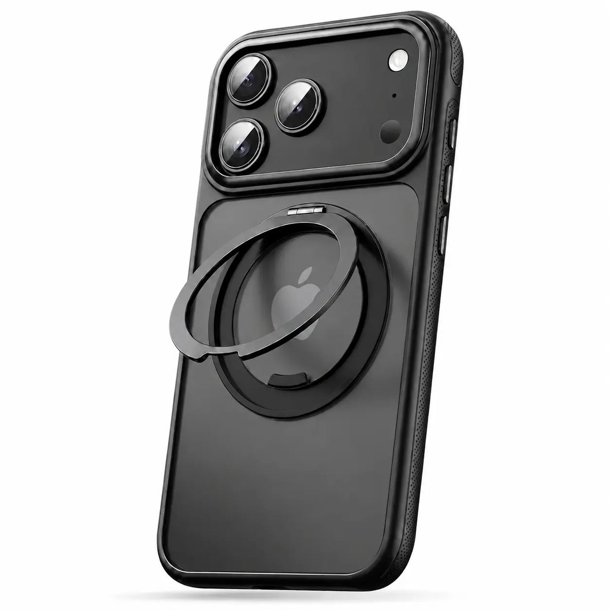 Black magnetic phone case with an open adjustable metal ring stand, shown from the rear #color_Midnight Black