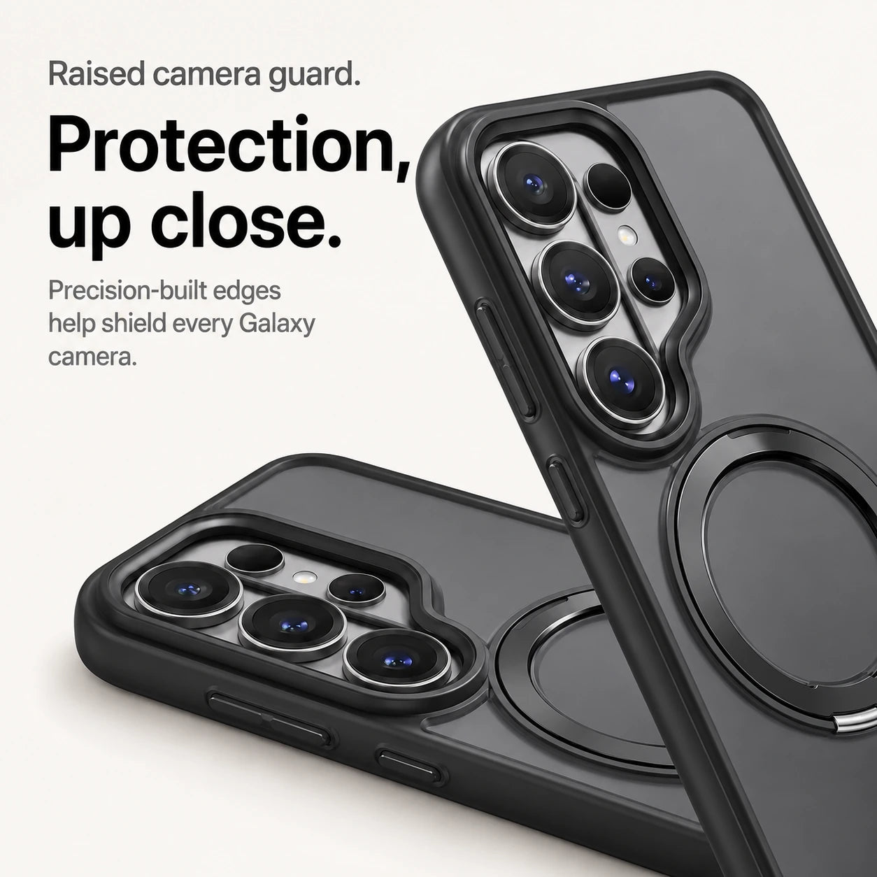 Black ring stand phone case showing its raised camera guard in two close views #color_Midnight Black