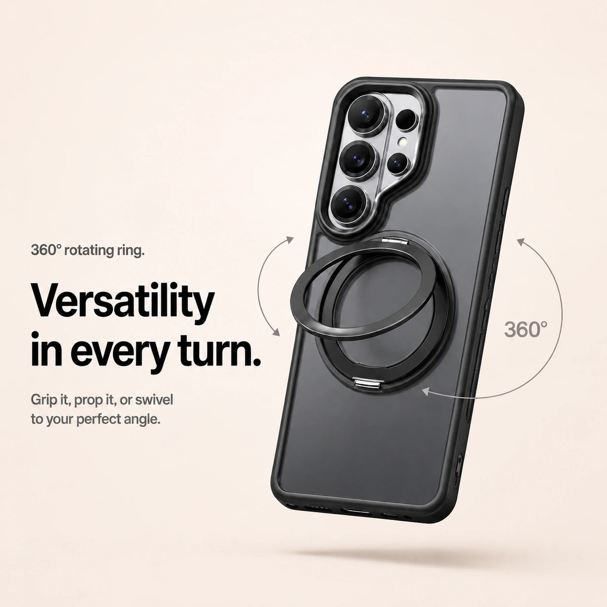 Black ring stand phone case showing its rotating circular stand #color_Midnight Black
