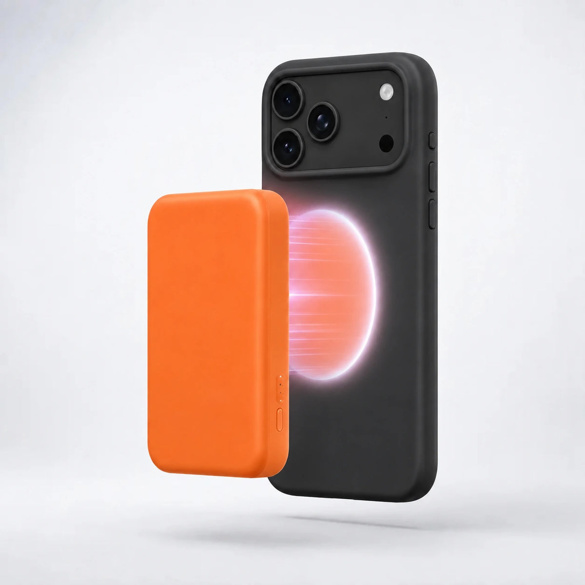 Black silicone phone case with an orange wireless battery pack #color_Midnight Black