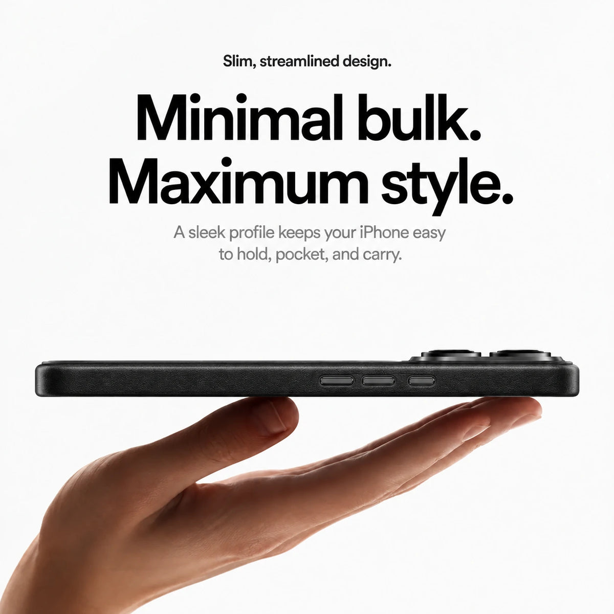Black slim leather phone case resting on a hand in a side profile view #color_Midnight Black