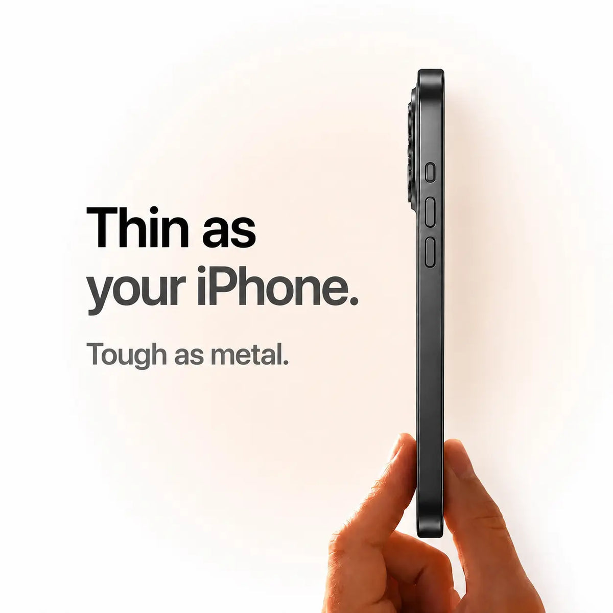 Black metal phone case held edge-on to show its slim side profile #color_Midnight Black