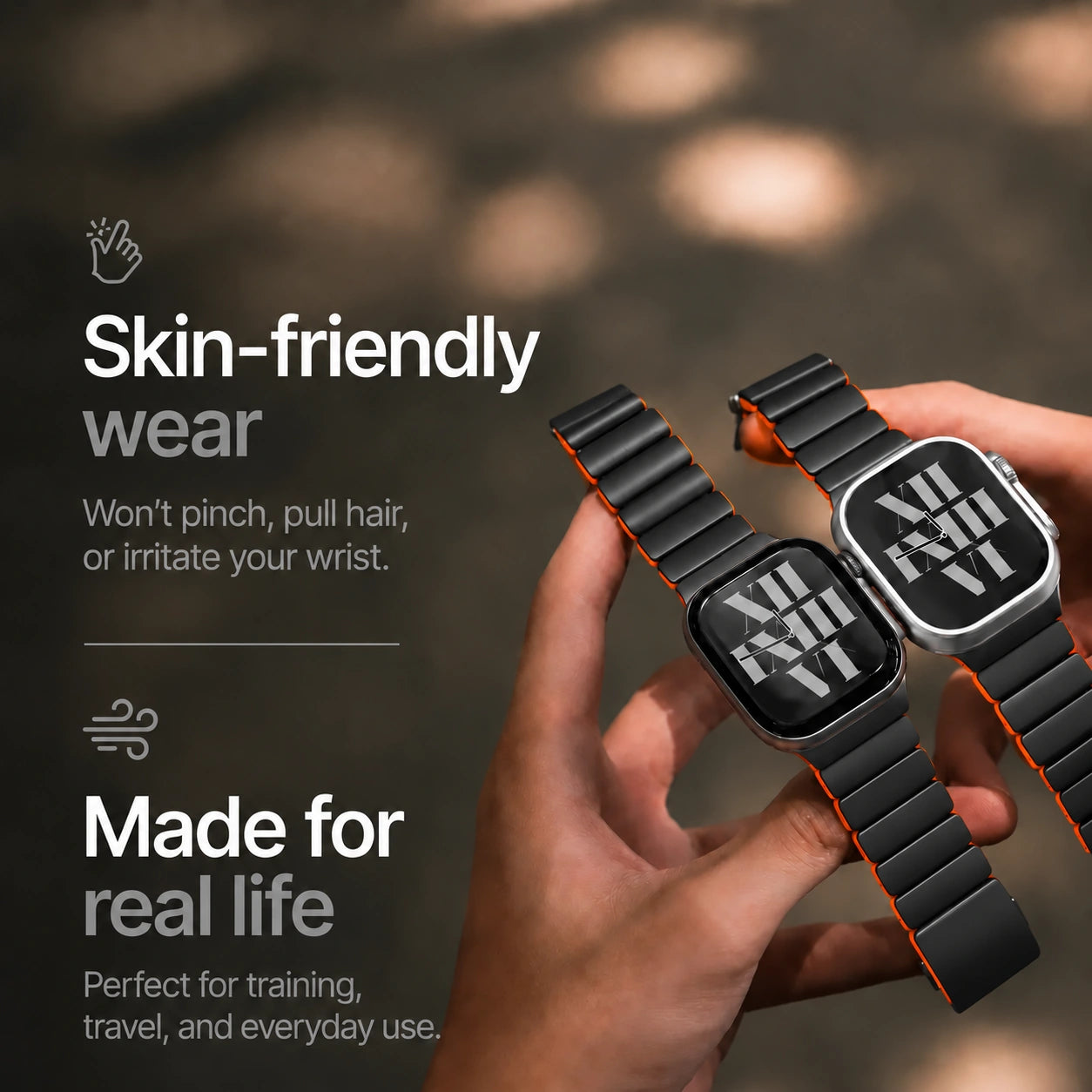 Black Titanium Cosmic Orange hybrid watch band worn comfortably on wrists #color_Black Titanium Cosmic Orange