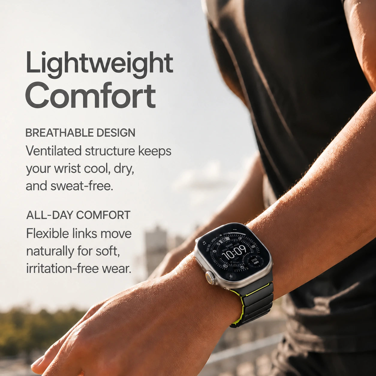 Black Titanium Forest Green hybrid watch band worn during everyday activity #color_Black Titanium Forest Green