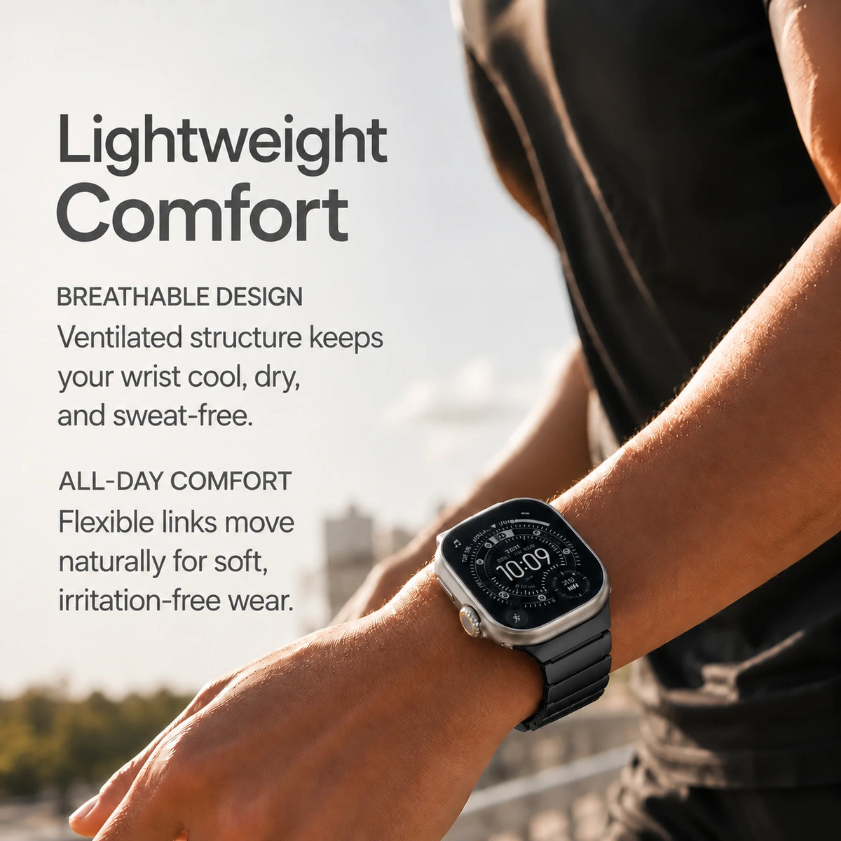 Black Titanium Onyx Black hybrid watch band worn during everyday activity #color_Black Titanium Onyx Black