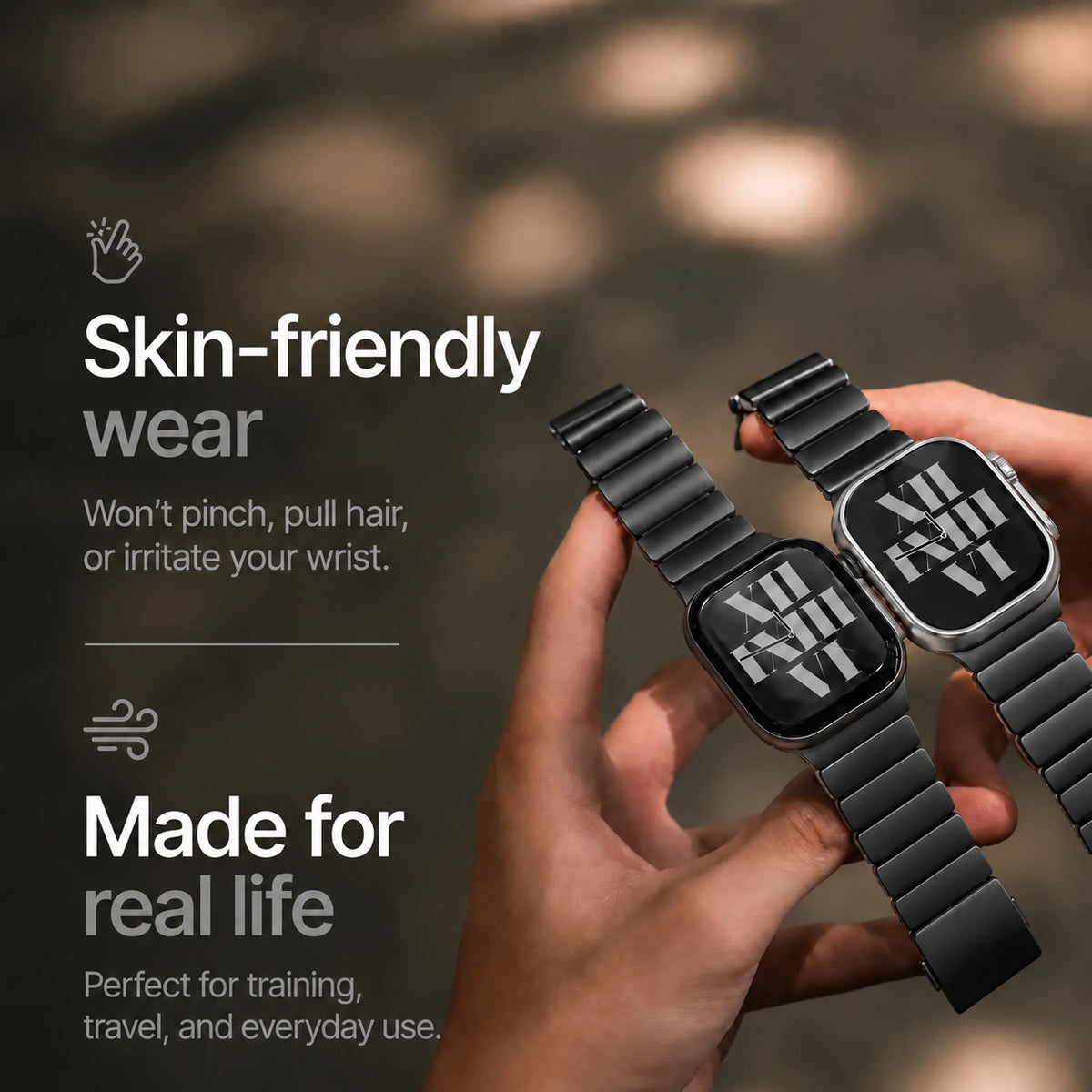 Black Titanium Stone Gray hybrid watch band worn comfortably on wrists #color_Black Titanium Stone Gray