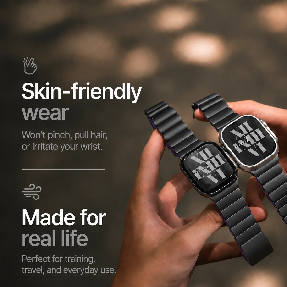 Black Titanium Violet hybrid watch band worn comfortably on wrists #color_Black Titanium Violet