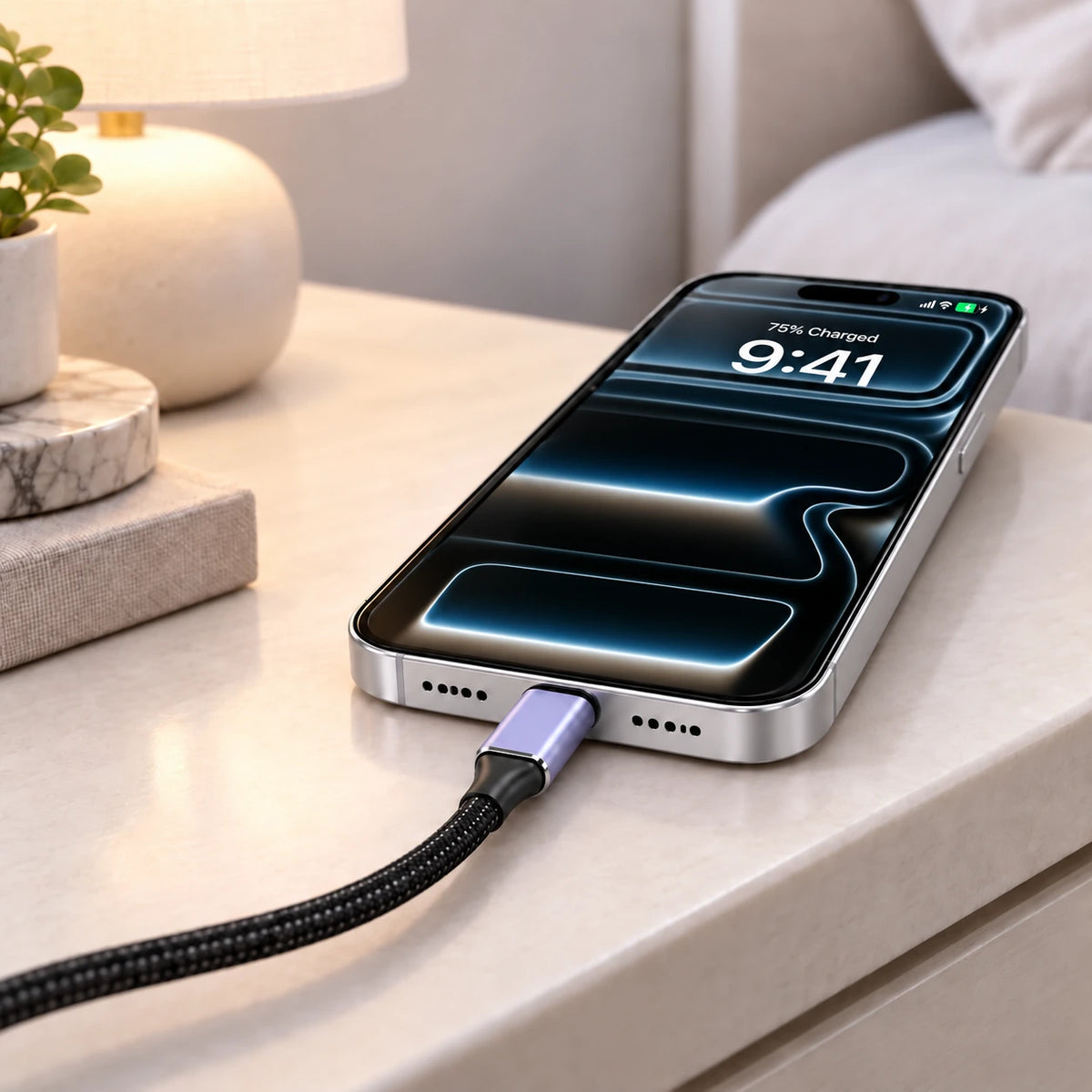 Lavender USB-C connector attached to a phone beside a bedside table.