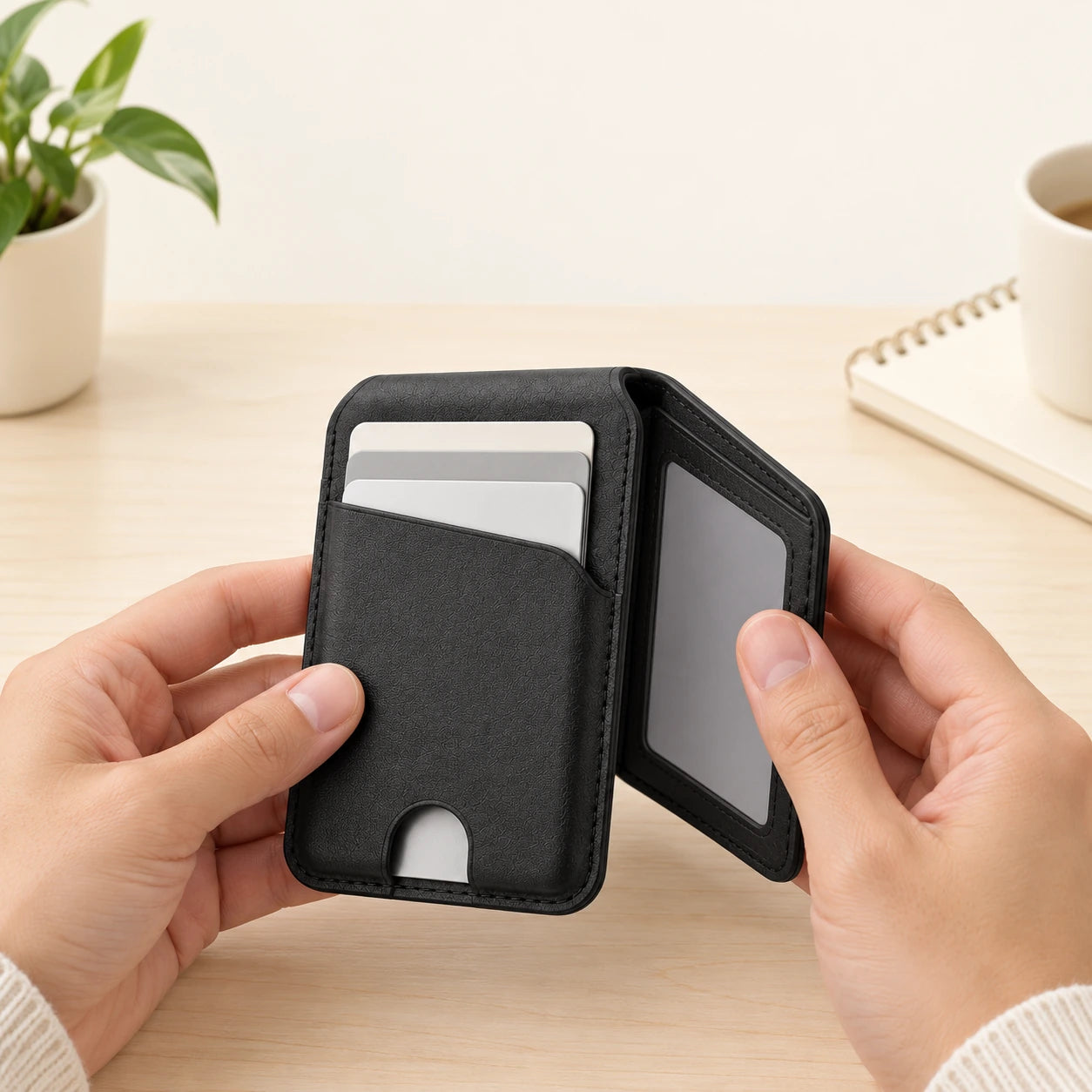 Hands folding a black vegan leather magnetic wallet with plain cards.