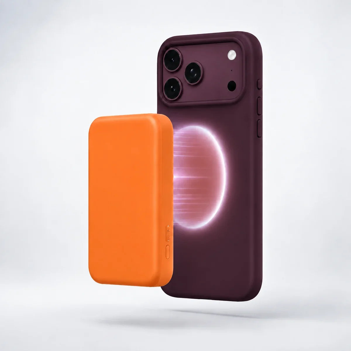 Burgundy silicone phone case with an orange wireless battery pack #color_Burgundy