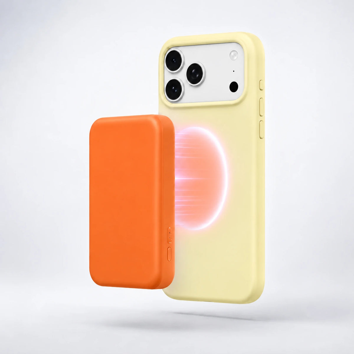 Butter yellow silicone phone case with an orange wireless battery pack #color_Butter Yellow