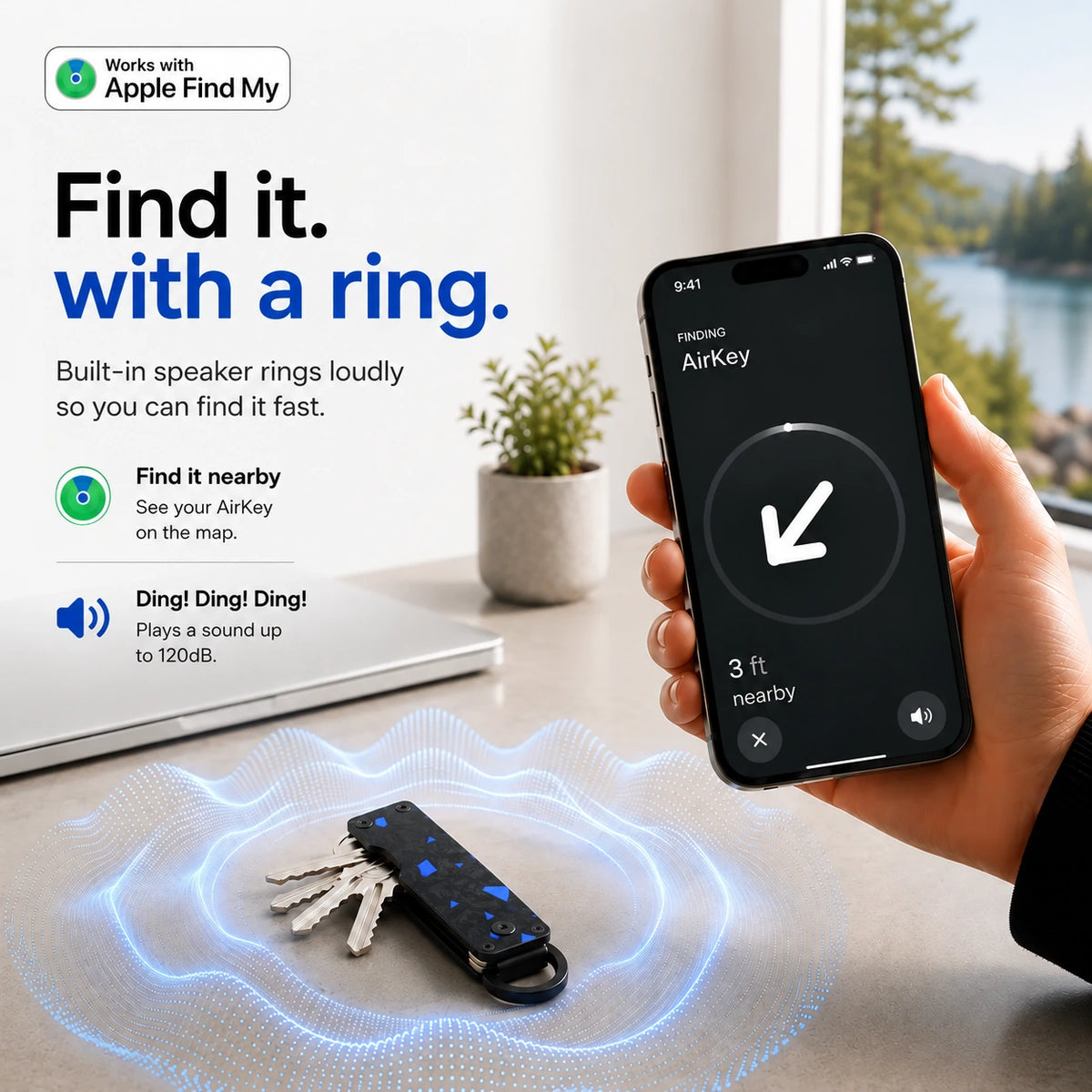 Carbon Blue tracking key organizer with a sound illustration and Burgundy iPhone showing the nearby finding screen. #color_Carbon Blue