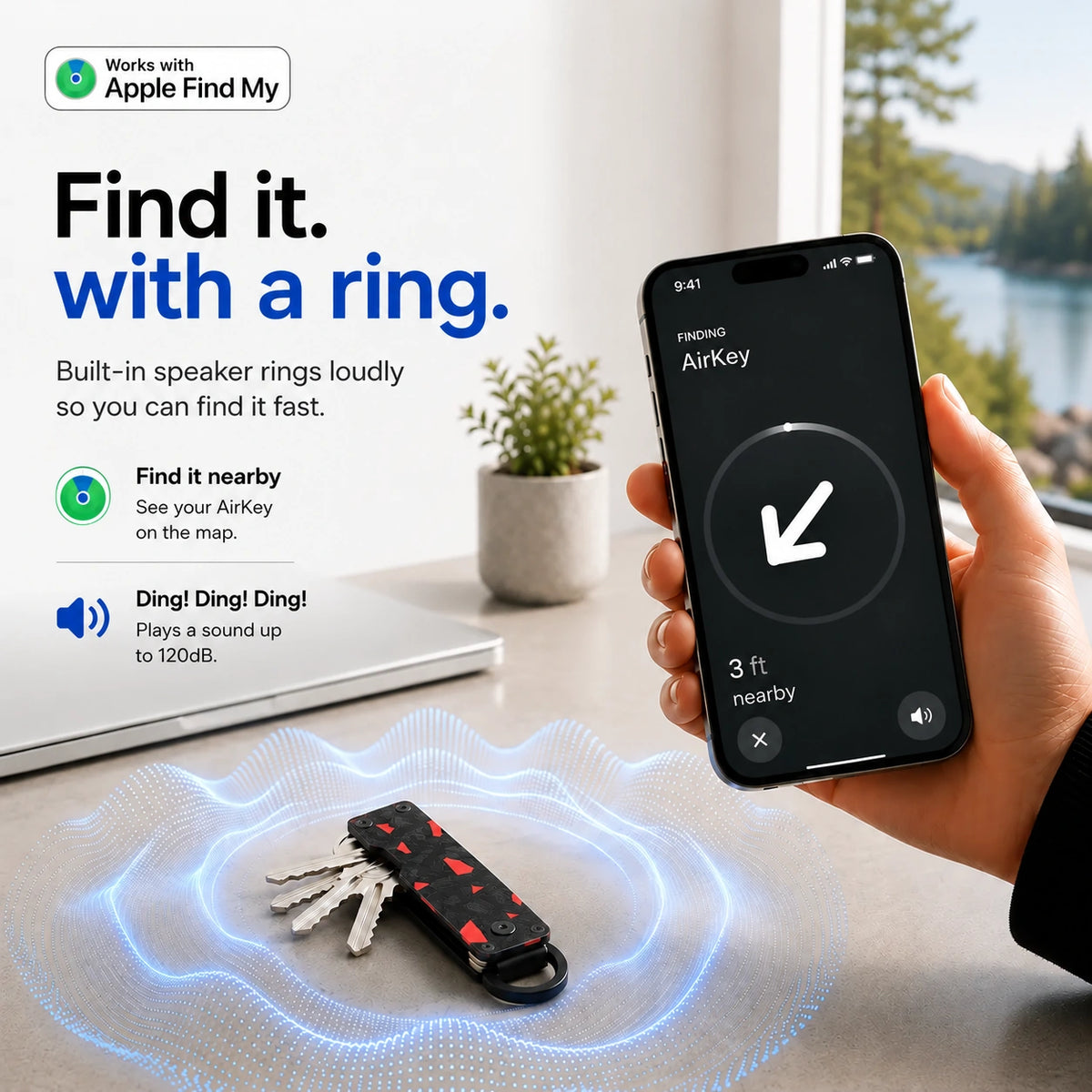 Carbon Red tracking key organizer with a sound illustration and Burgundy iPhone showing the nearby finding screen. #color_Carbon Red
