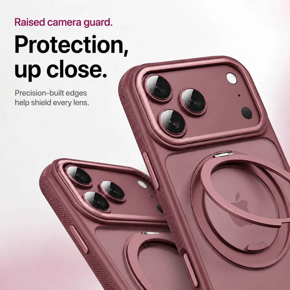 Burgundy clear phone case showing raised camera guards in close-up #color_Burgundy