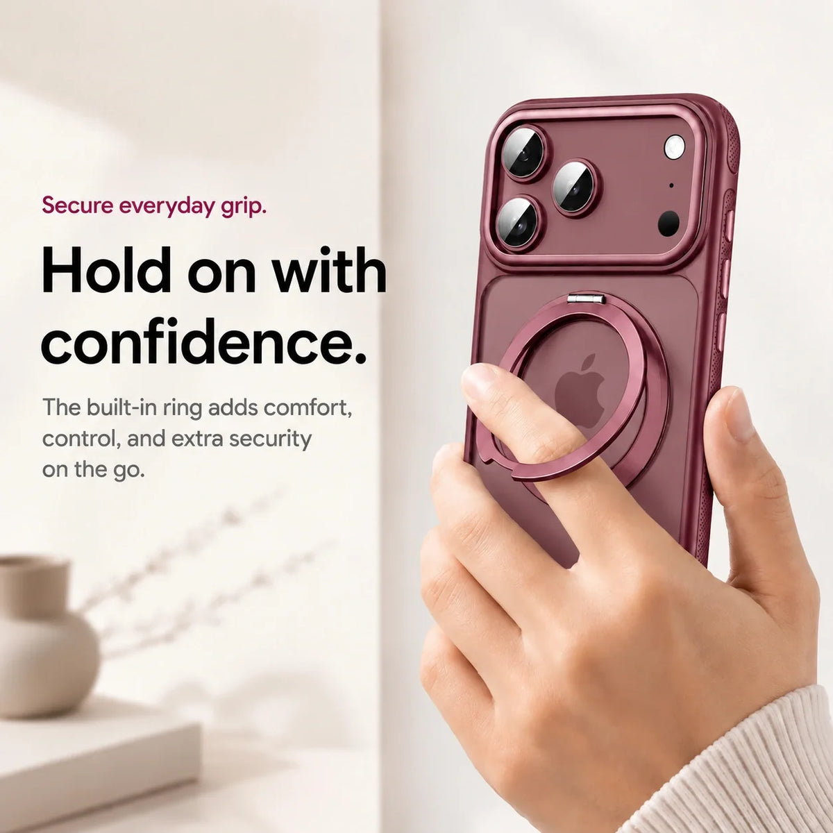 Burgundy clear phone case held with a finger through the ring #color_Burgundy