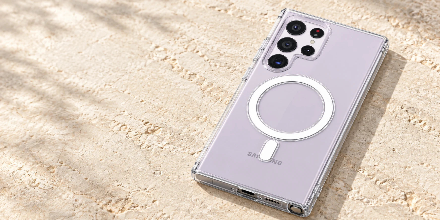 Transparent magnetic phone case showing a pale lavender phone back.