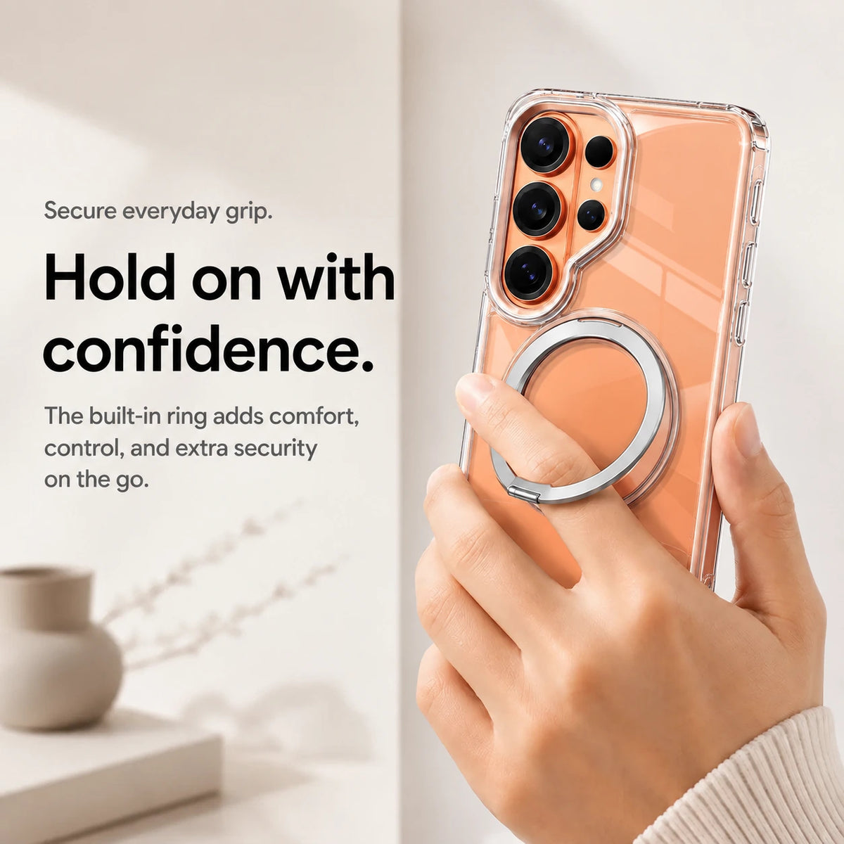 Clear ring stand phone case held securely through its circular ring #color_Transparent
