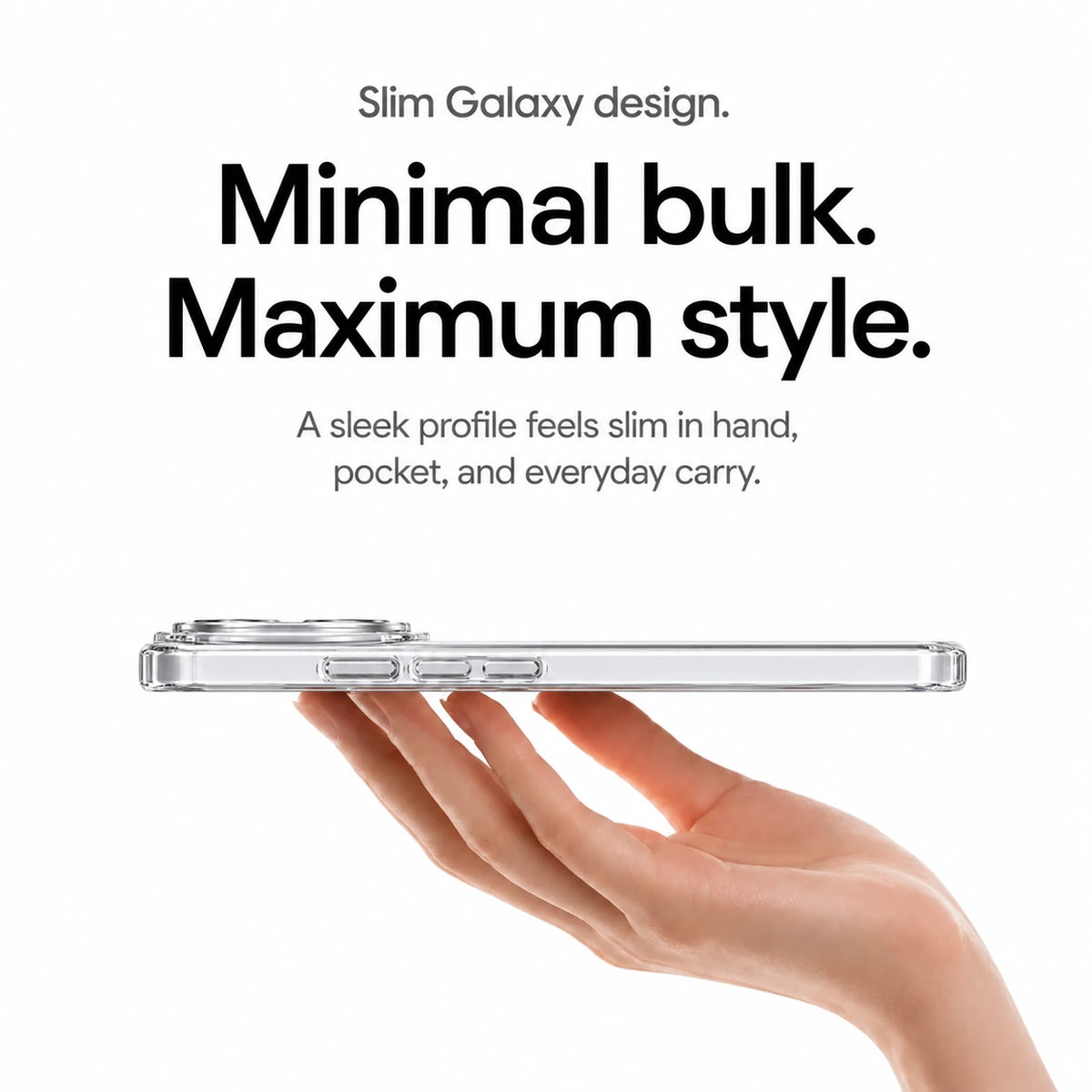 Clear ring stand phone case shown in a slim side profile above a hand #color_Transparent