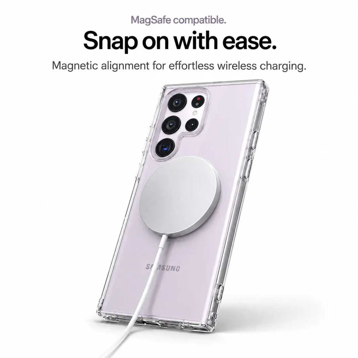 Clear Samsung case attached to a magnetic wireless charging puck