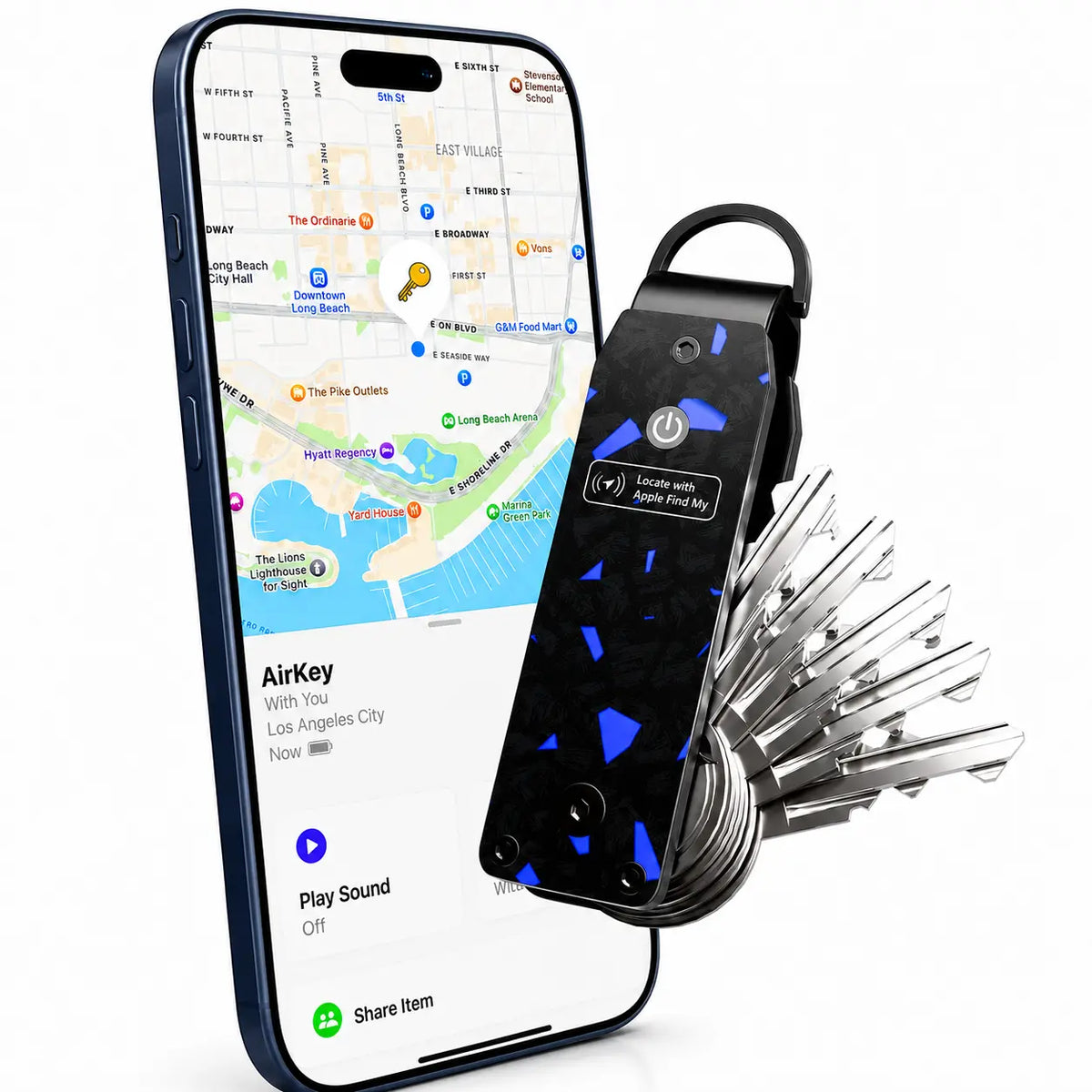 Carbon Blue tracking key organizer beside a Burgundy iPhone showing its location in Find My. #color_Carbon Blue