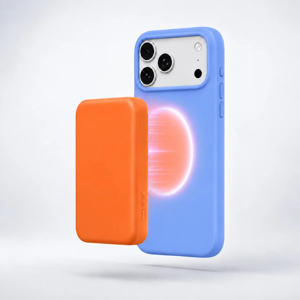 Cornflower Blue silicone phone case with an orange wireless battery pack #color_Cornflower Blue