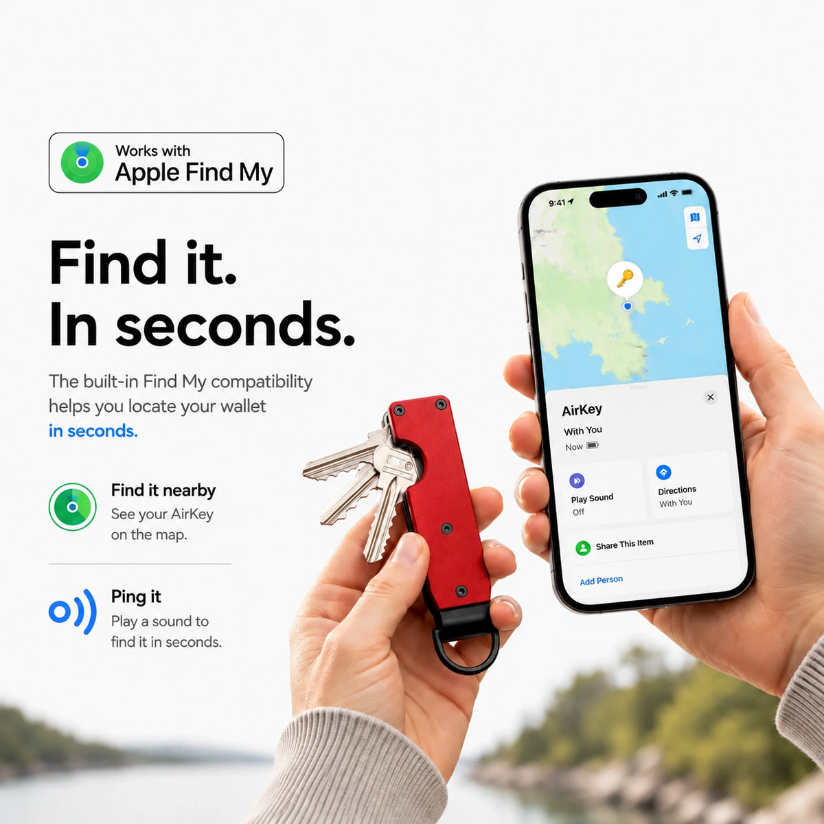 Crimson Red tracking key organizer being located using Find My on a Burgundy iPhone. #color_Crimson Red
