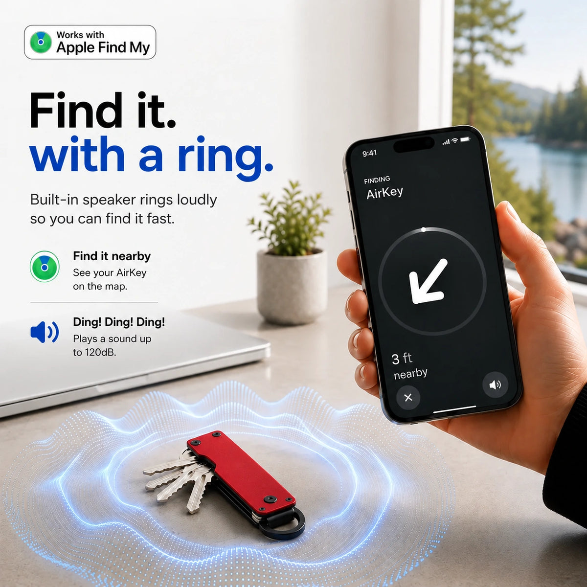 Crimson Red tracking key organizer with a sound illustration and Burgundy iPhone showing the nearby finding screen. #color_Crimson Red