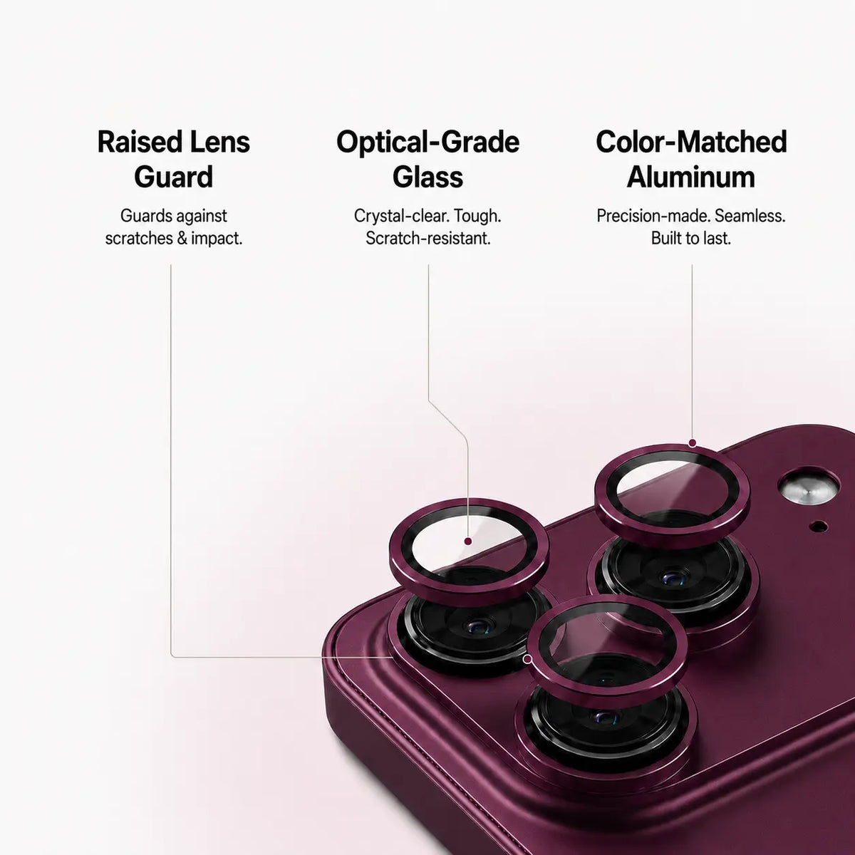 Dark cherry metal phone case in an exploded close-up showing camera lens guards and trim #color_Dark Cherry