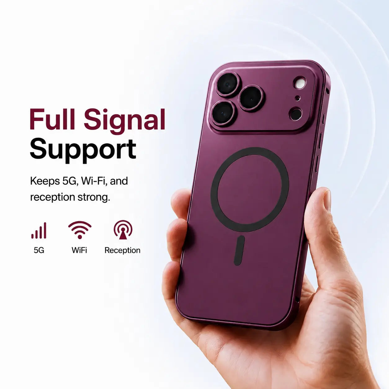 Dark cherry metal magnetic phone case held upright with illustrated signal icons #color_Dark Cherry