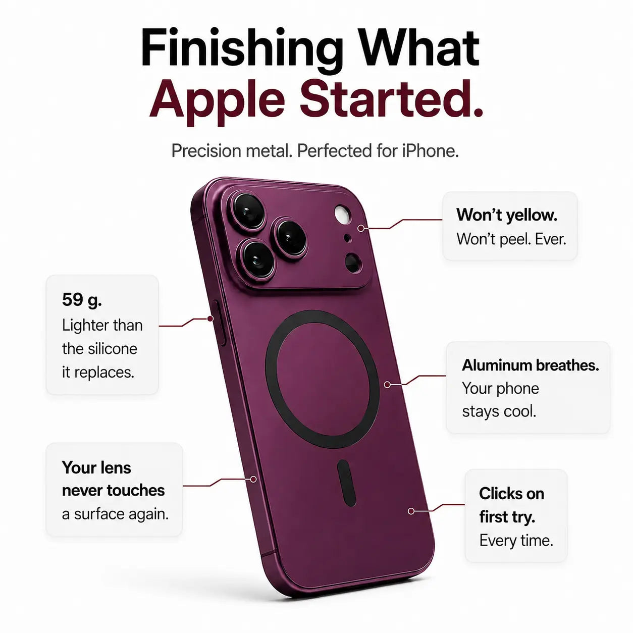 Dark cherry metal magnetic phone case surrounded by feature labels on a white background #color_Dark Cherry