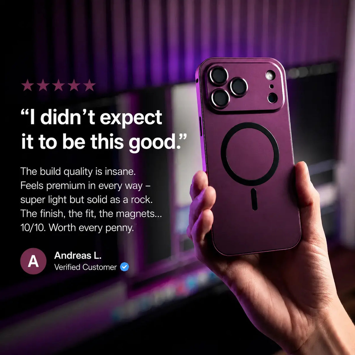 Dark cherry metal magnetic phone case held beside a purple-lit desk with a customer review quote #color_Dark Cherry