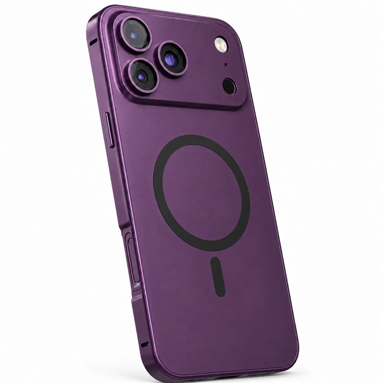 Dark cherry metal magnetic phone case in a tilted rear view showing its camera surround and side rail #color_Dark Cherry