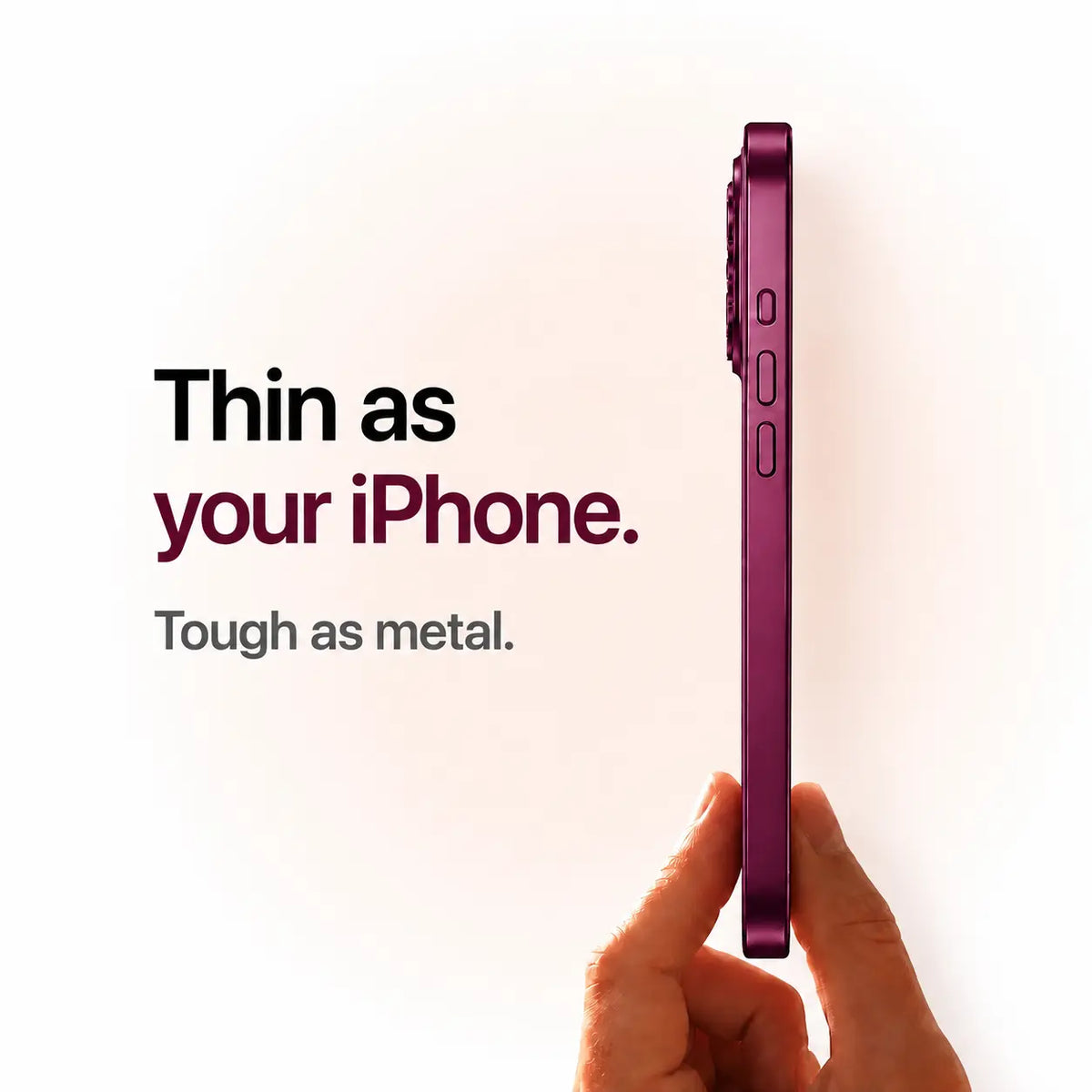 Dark cherry metal phone case held edge-on to show its slim side profile #color_Dark Cherry