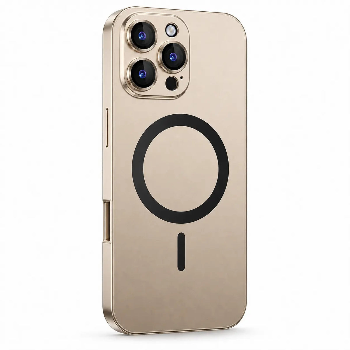 Desert gold metal magnetic phone case with three camera openings shown from the back on white #color_Desert Gold