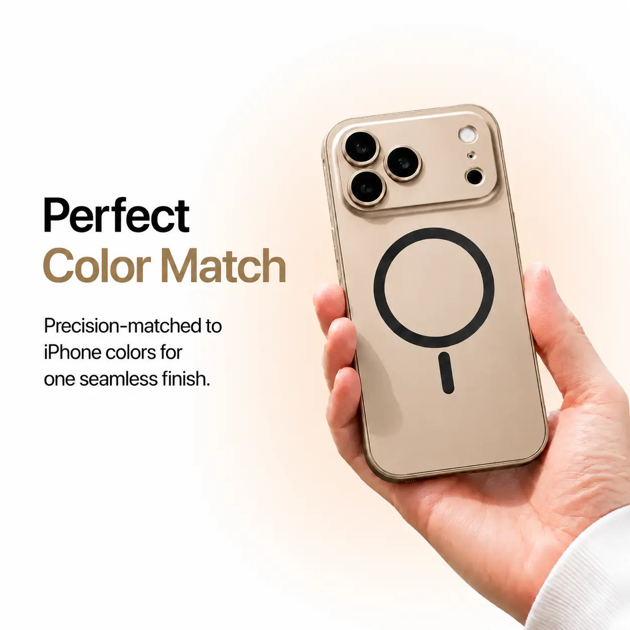 Desert gold metal magnetic phone case held in one hand against a pale studio background #color_Desert Gold