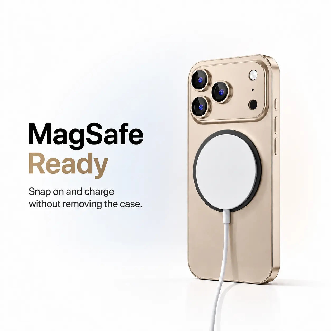 Desert gold metal phone case attached to a round white magnetic wireless charging puck #color_Desert Gold
