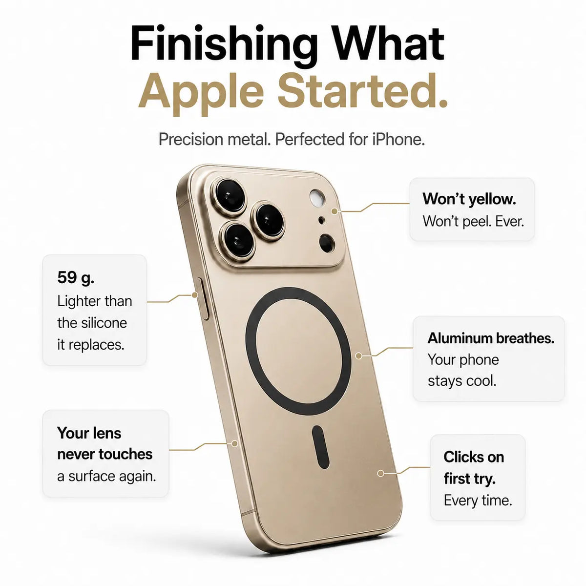 Desert gold metal magnetic phone case surrounded by feature labels on a white background #color_Desert Gold