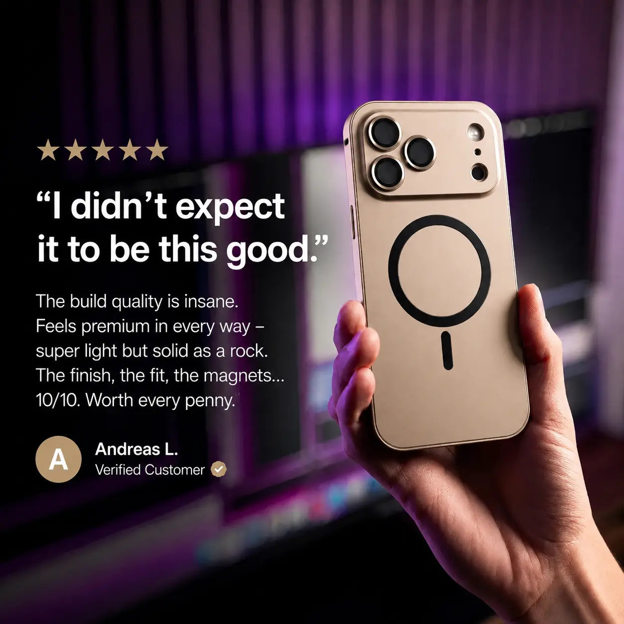 Desert gold metal magnetic phone case held beside a purple-lit desk with a customer review quote #color_Desert Gold