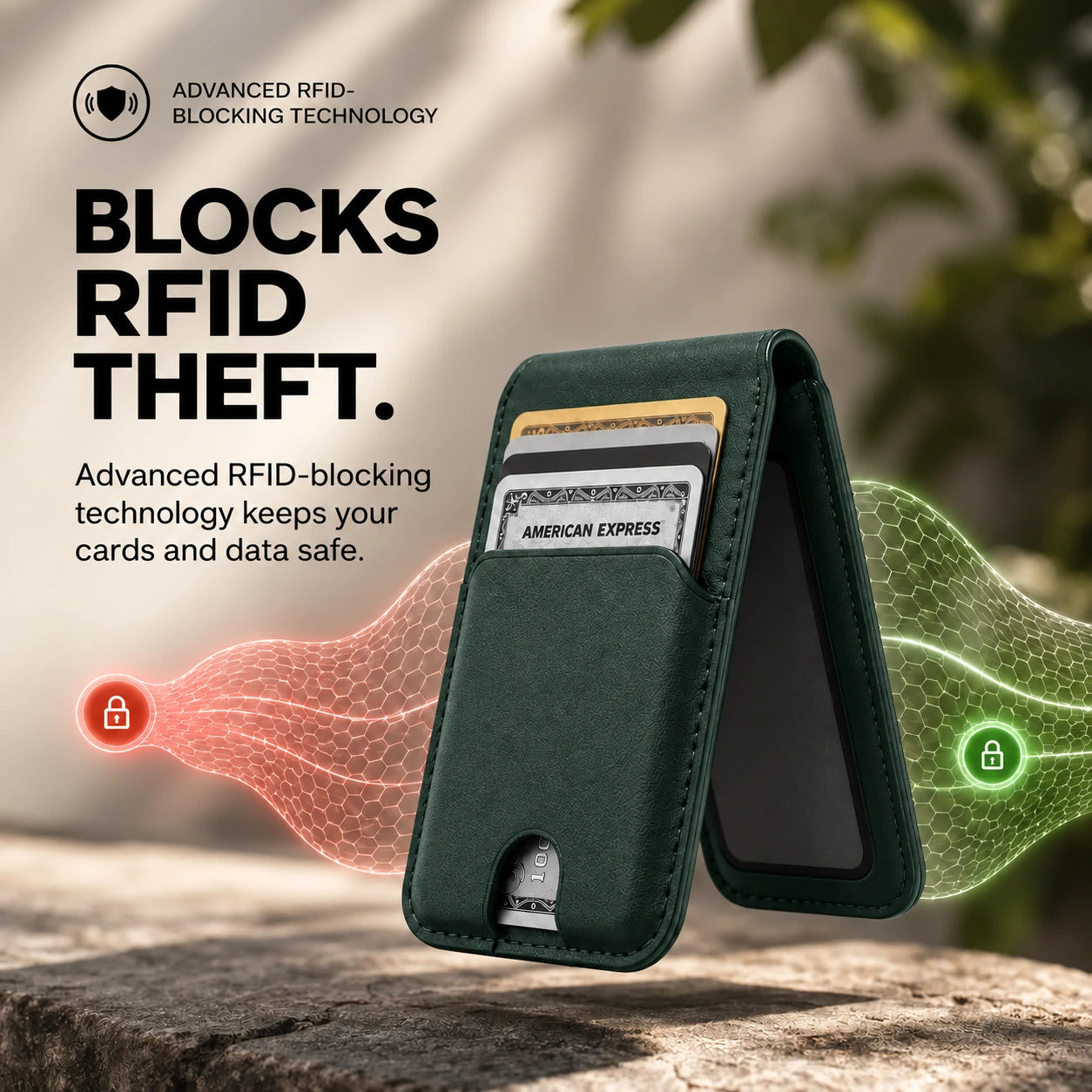 Emerald Green folding magnetic card wallet with a signal blocking illustration #color_Emerald Green