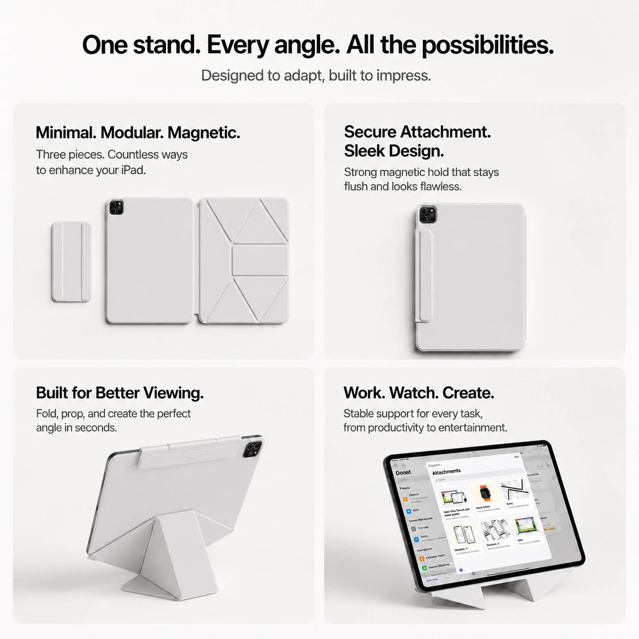 Frost Gray folding magnetic tablet stand showing modular stand components #color_Frost Gray