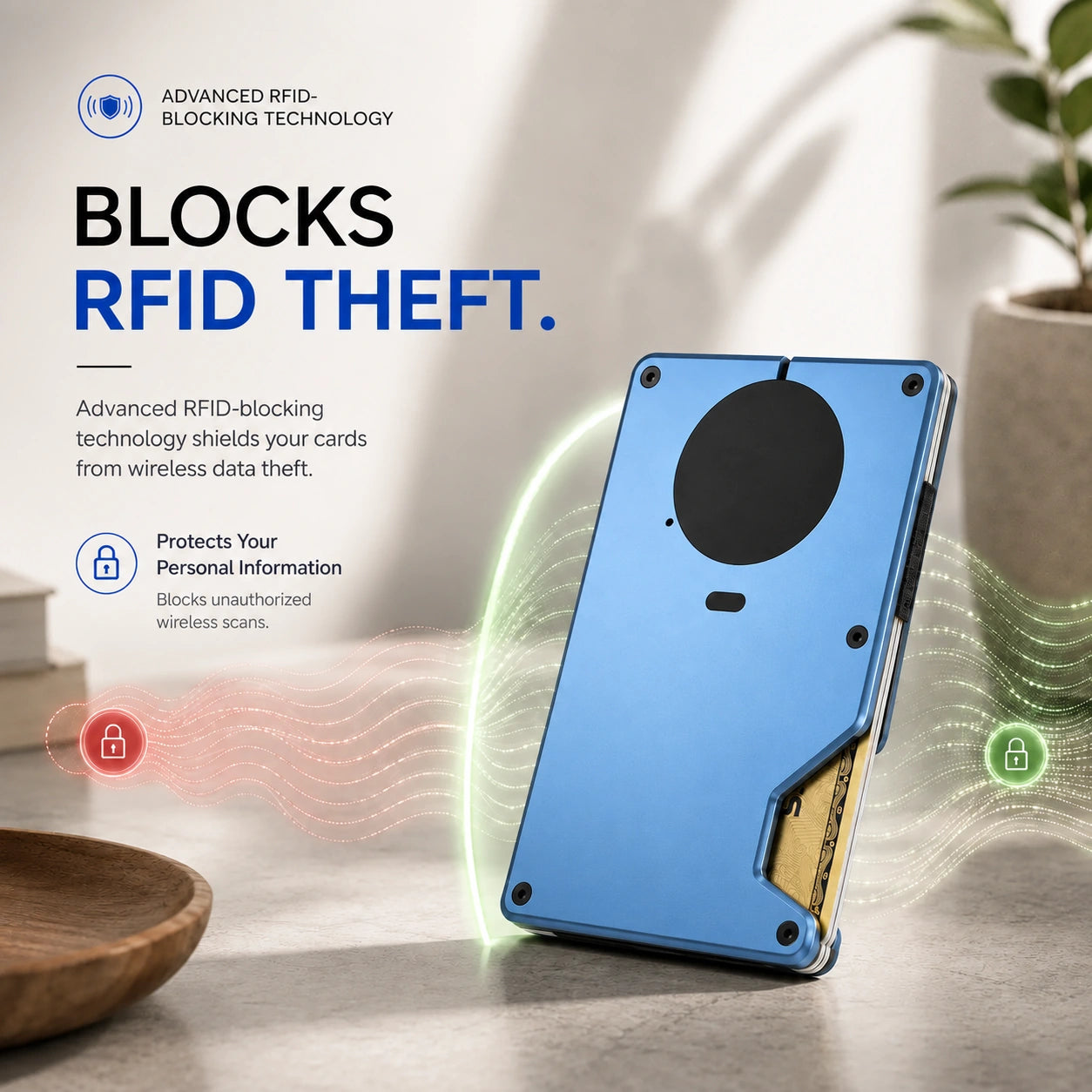 Glacier Blue slim tracking card wallet with a signal blocking illustration #color_Glacier Blue