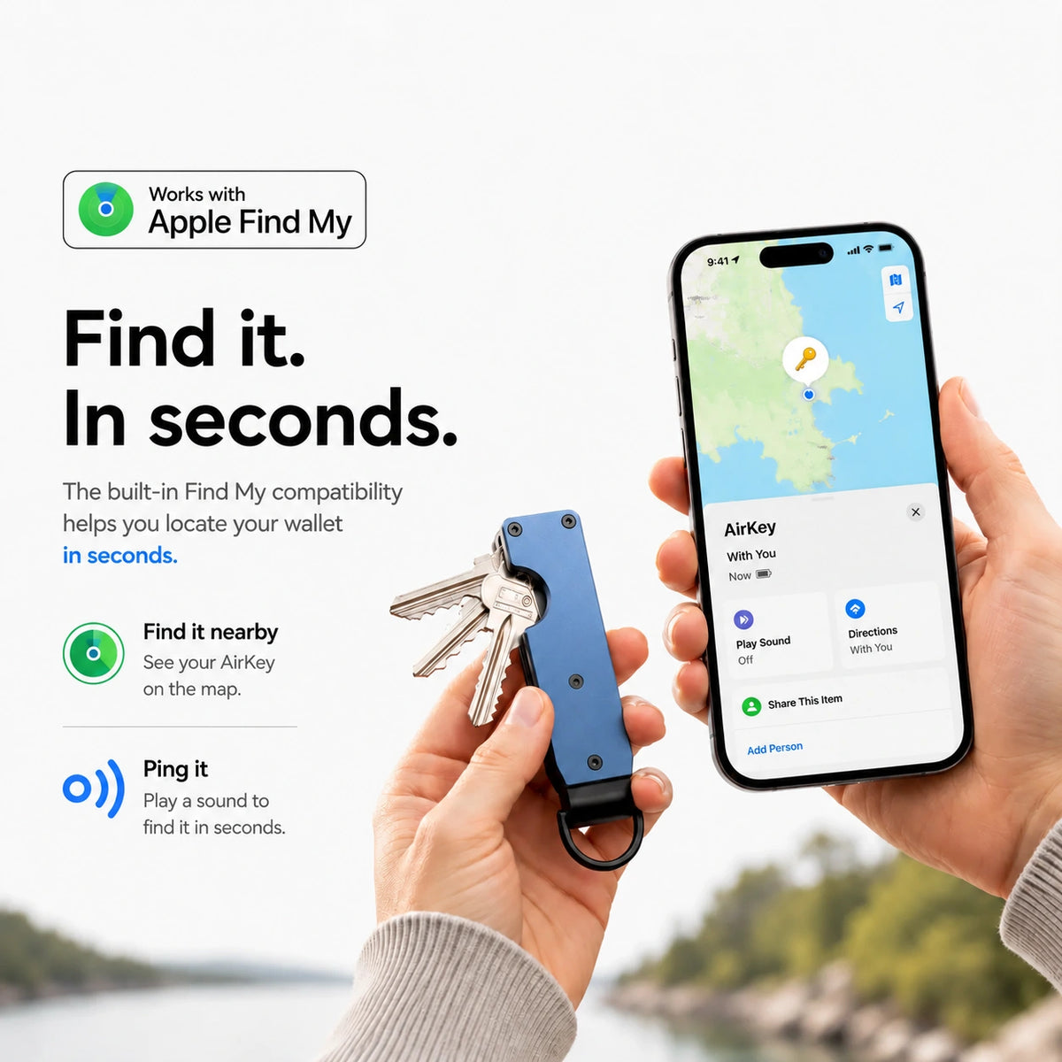 Horizon Blue tracking key organizer being located using Find My on a Burgundy iPhone. #color_Horizon Blue