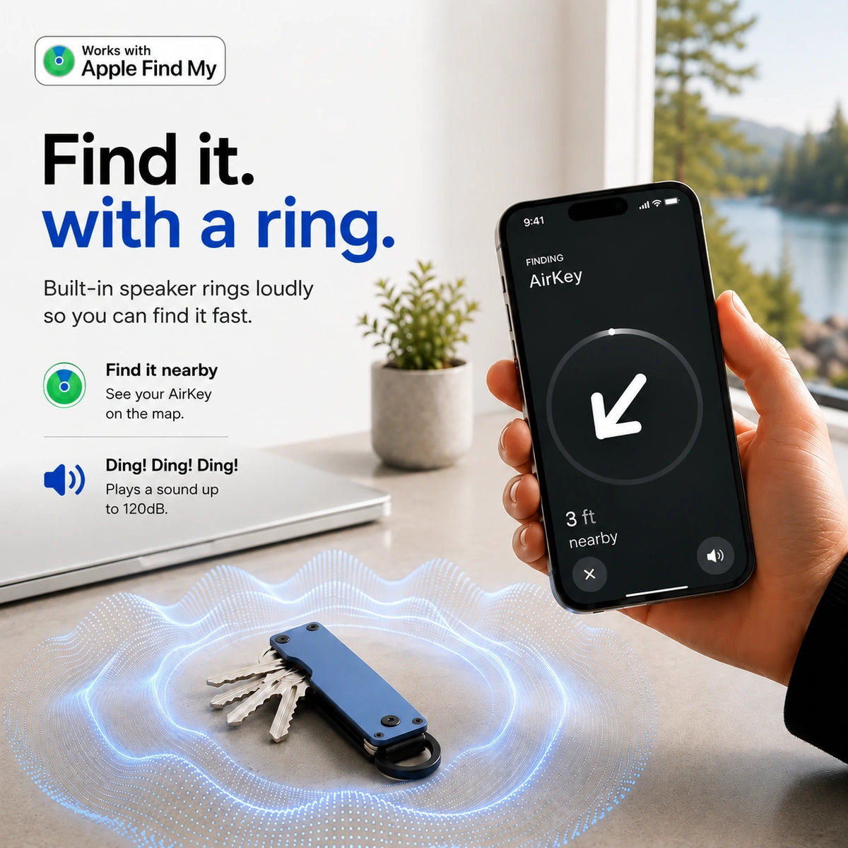 Horizon Blue tracking key organizer with a sound illustration and Burgundy iPhone showing the nearby finding screen. #color_Horizon Blue
