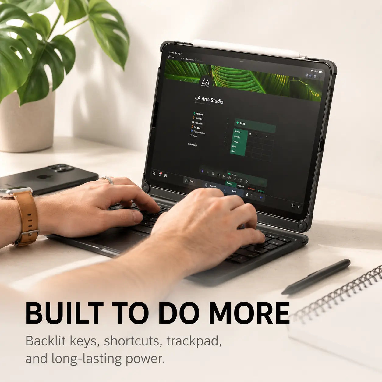 iPad keyboard case with built-in Apple Pencil holder on supported models