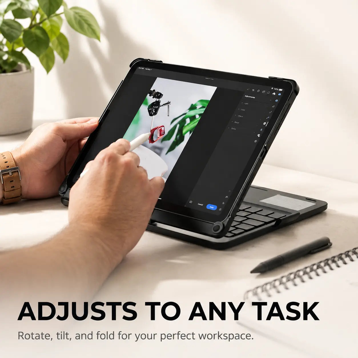 Adjustable iPad keyboard case with 180 degree fold-back and 360 degree rotation