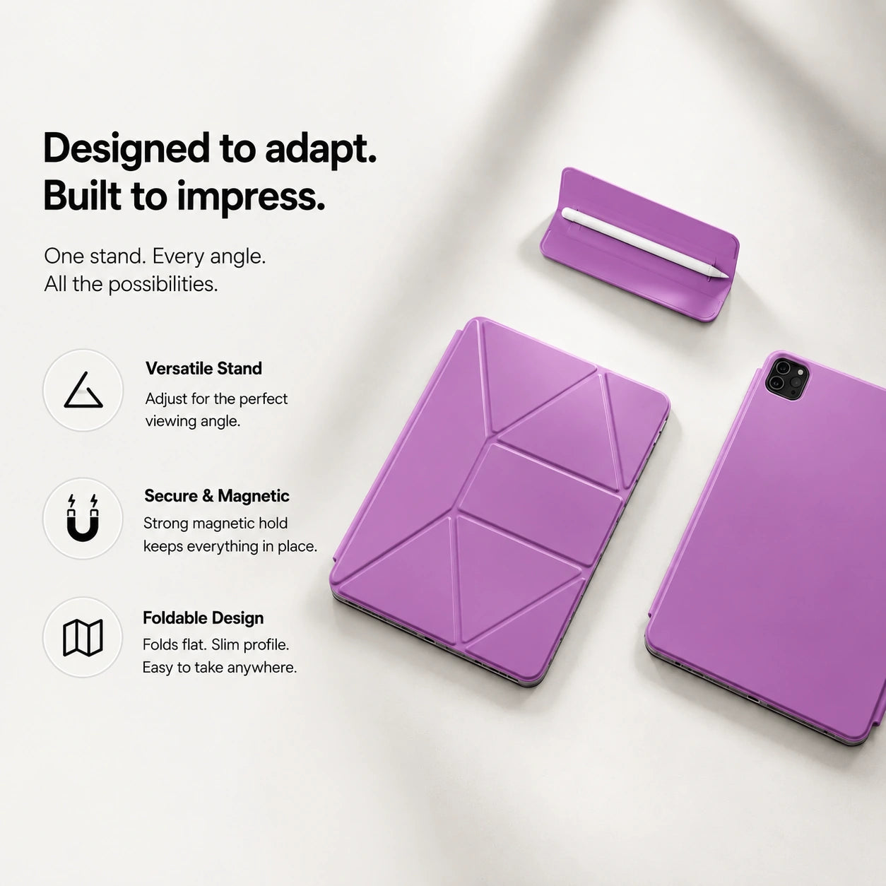 Lavender folding magnetic tablet stand folded flat with its components #color_Lavender