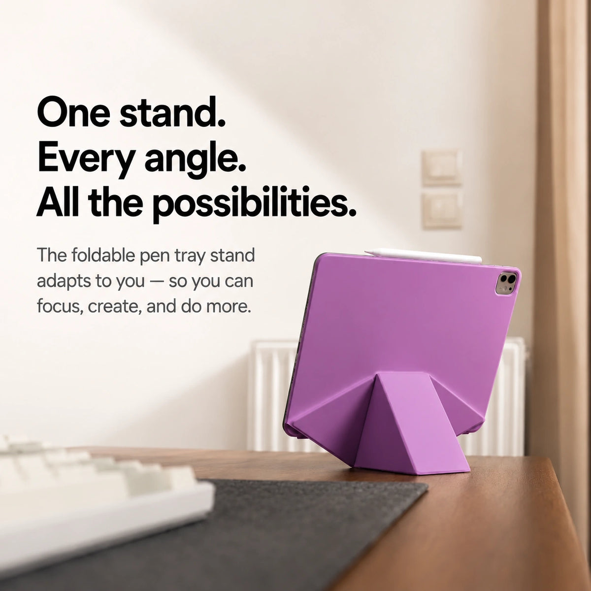 Lavender folding magnetic tablet stand on a raised desk support #color_Lavender