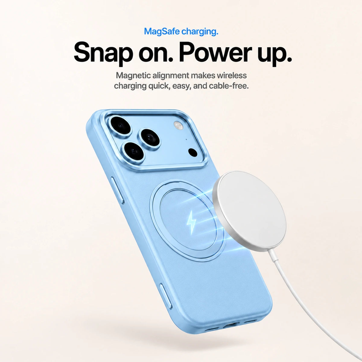 Glacier leather phone case beside a round magnetic wireless charger and white cable #color_Glacier