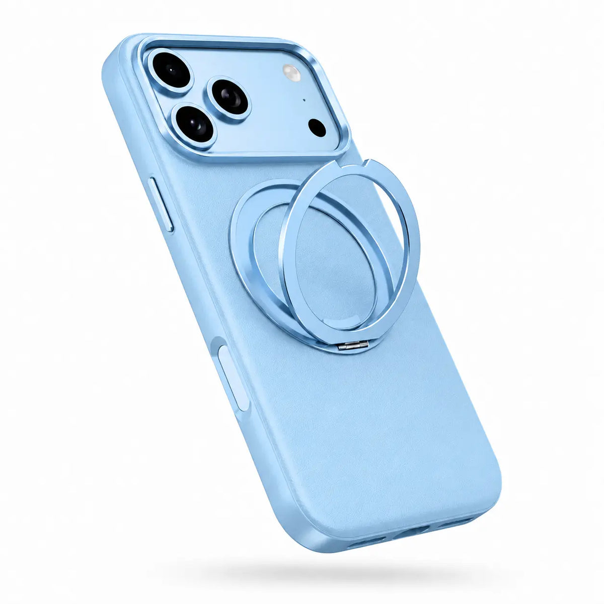 Glacier leather phone case with an open rotating ring stand on a white background #color_Glacier
